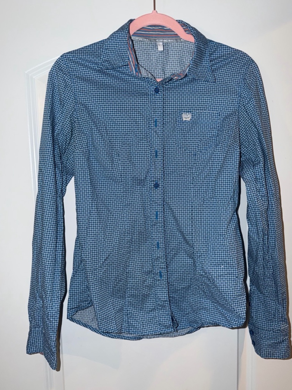 Cinch Blue Geometric Print Button-Up Shirt with Striped Collar Trim